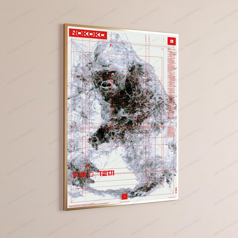 May include: A rectangular wall poster featuring a black and white sketch of a gorilla overlaid with thin red grid lines and geometric patterns. The text NOKOKO appears in a red box at the top, with additional red text and symbols at the bottom.