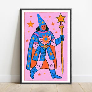 Różowy czarodziej z różdżką w stylu pop-art | Magiczne zaklęcia | Fantazyjna dekoracja ścienna | Pobieranie cyfrowe A3 A2 A1 zdjęcie 7