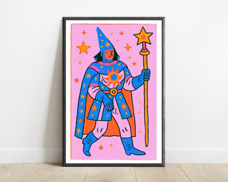 Różowy czarodziej z różdżką w stylu pop-art | Magiczne zaklęcia | Fantazyjna dekoracja ścienna | Pobieranie cyfrowe A3 A2 A1 zdjęcie 7