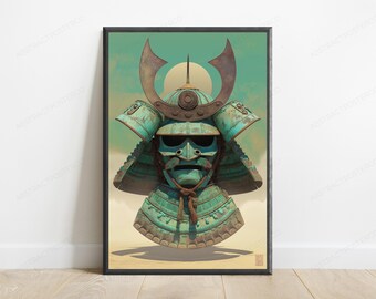 Samurai Kabuto Teal-helm | Bronzen patina krijgerskunst | Minimalistische muurdecoratie | Digitale download A3 A2 A1