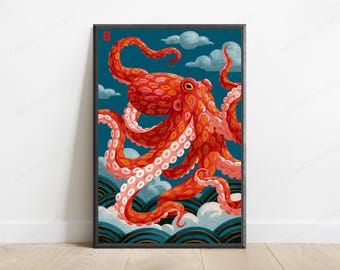 Red Octopus Clouds Japanese Art Print | Celestial Sea Creature Wall Art | Bold Ocean Decor | Digital Download A3 A2 A1
