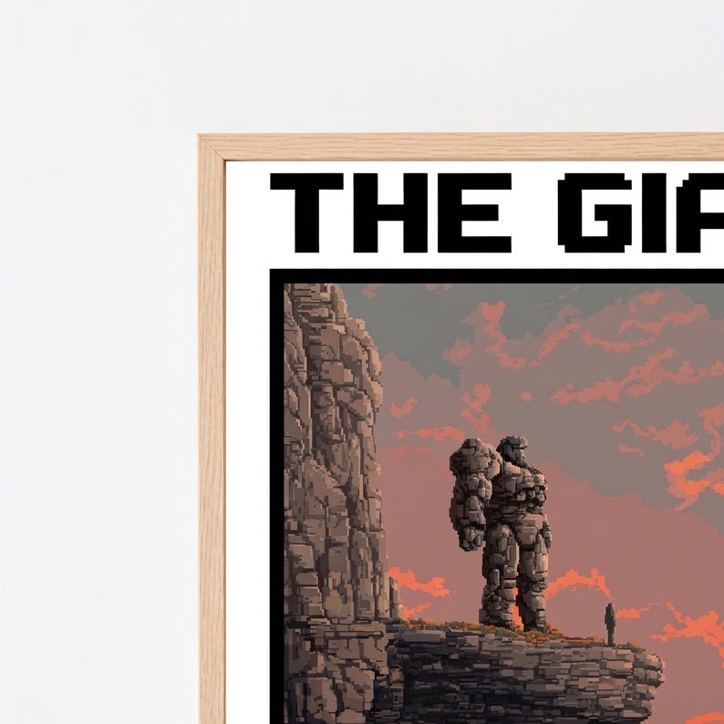 Giant Stone Warrior Cliff Sunset Pixel Art | Epic Fantasy Landscape Print | Minimalist Wall Decor | Digital Download A3 A2 A1 image 8