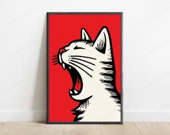 Angry Cat Pop Art Print | Red Bold Minimalist | Fierce Feline Wall Art | Digital Download A3 A2 A1