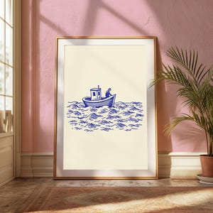 Fisherman Sailing Boat Line Art Print | Coastal Vintage Illustration | Nautical Wall Decor | Digital Download A3 A2 A1 image 5