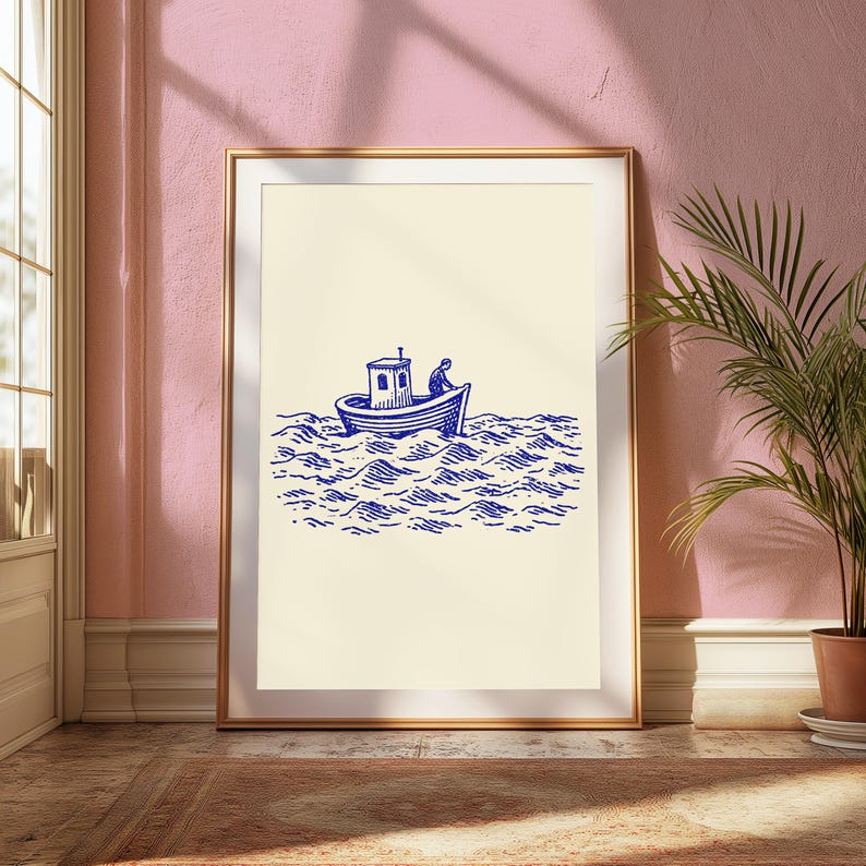 Fisherman Sailing Boat Line Art Print | Coastal Vintage Illustration | Nautical Wall Decor | Digital Download A3 A2 A1 image 5