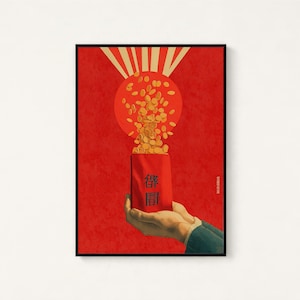 May include: A vertical poster featuring a red background with a hand holding a red envelope. Gold coins flow upward from the envelope toward a large red circle with radiating light beams. The envelope displays black Chinese characters in the center.
