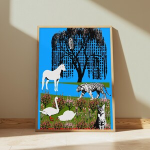 May include: A framed art print featuring a bright blue background with a black willow tree silhouette, a white horse, a white tiger, two white swans, and a tabby cat. The scene includes a green grassy area with pink flowering bushes and an owl.
