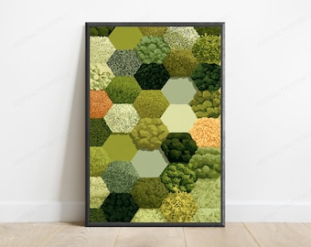 Hexagonal Garden Wall Art | Textured Foliage Mosaic | Nature Home Décor Print