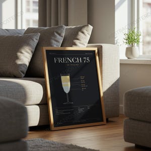 French 75 Cocktail Recipe Print shown in a living room
