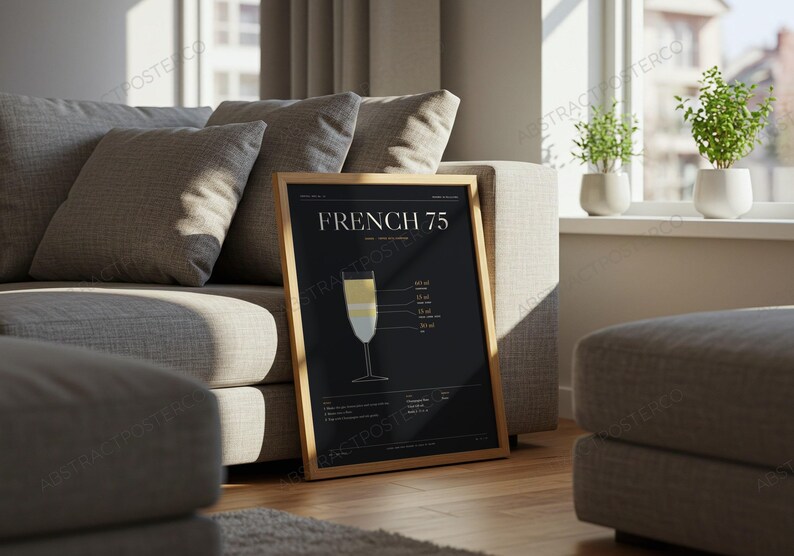 French 75 Cocktail Recipe Print shown in a living room