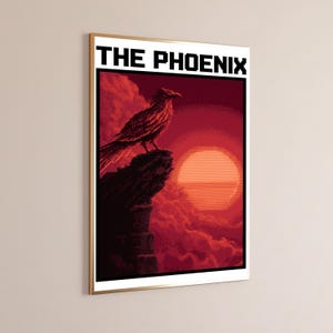 Lámina de arte pixelado de fénix / Silueta de sol rojo / Arte mural minimalista retro / Decoración fantástica / Descarga digital A3 A2 A1 imagen 9
