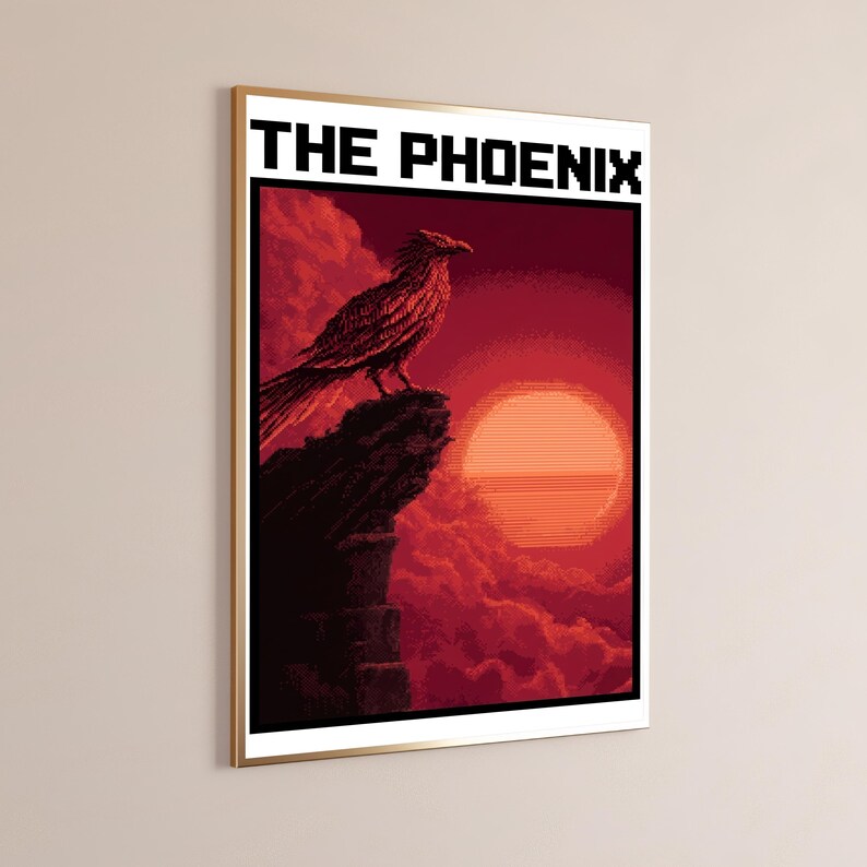 Lámina de arte pixelado de fénix / Silueta de sol rojo / Arte mural minimalista retro / Decoración fantástica / Descarga digital A3 A2 A1 imagen 9