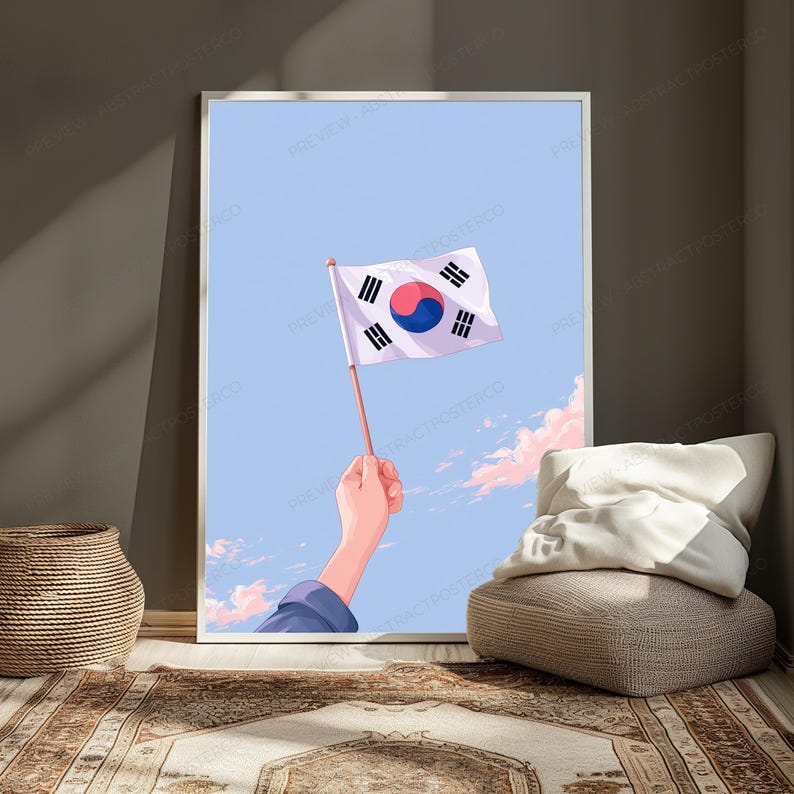 May include: A framed vertical wall art print depicting a hand holding a small South Korean flag against a light blue sky with soft pink clouds. The flag features a white background, a central red and blue taegeuk, and four black trigrams.