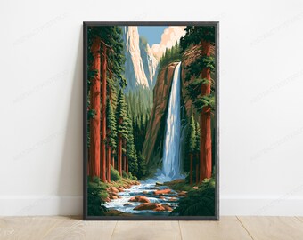 Misty Redwood Waterfall Canyon | Nature Landscape Art Print | Forest Wall Art