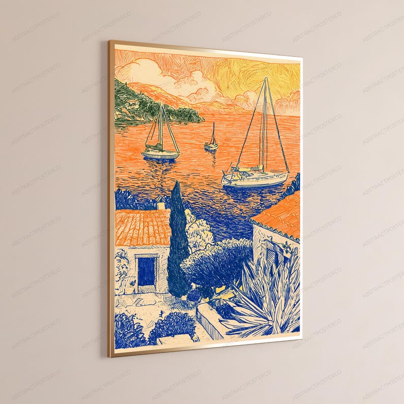 Seaside Sailboats Coastal Landscape Line Art Print | Mediterranean Sailing Wall Art | Minimalist Home Decor | Digital Download A3 A2 A1 image 3