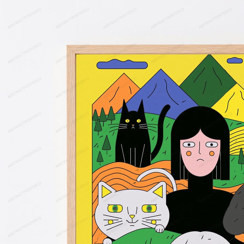 May include: A framed wall art print featuring a stylized illustration of a person with black hair, a black cat, and a white cat against a backdrop of colorful mountains, green hills, and small trees. The artwork uses a vibrant yellow sky background.
