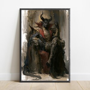 May include: A framed digital art print depicting a horned figure with dark skin, seated on a throne. The figure wears a high-collared red and gold garment with a blue cape. The artwork features a painterly style with muted brown and grey tones.