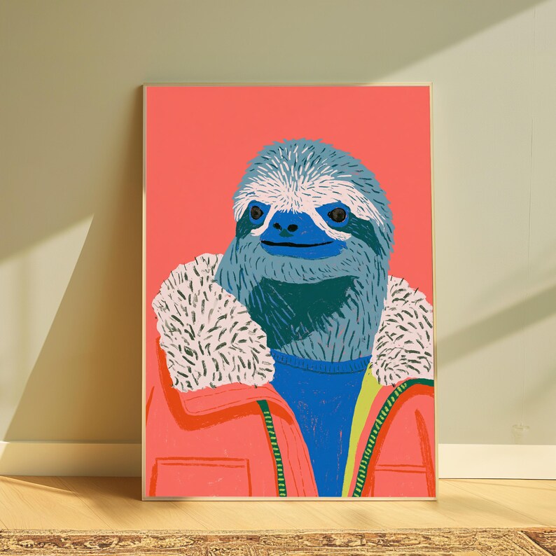Smiling Sloth Pop Art Print | Cosy Wildlife Character | Colorful Wall Art Decor | Digital Download A3 A2 A1 image 4