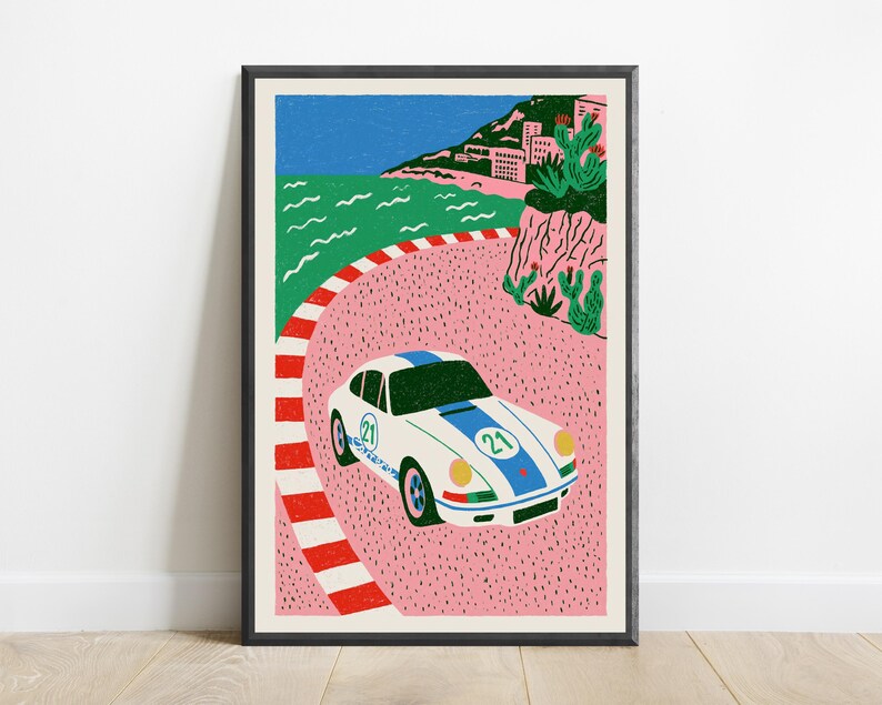 Vintage Racing Car Coastal Road Print | Minimalist Landscape Wall Art | Retro Travel Poster Style | Digital Download A3 A2 A1 image 1