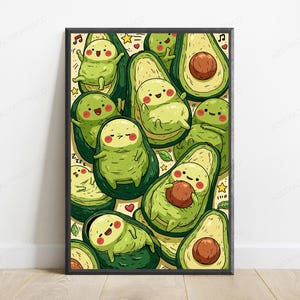 Puede incluir: Una l&aacute;mina de arte mural rectangular con un patr&oacute;n repetitivo de aguacates de dibujos animados con caras sonrientes. La ilustraci&oacute;n incluye aguacates enteros y partidos por la mitad en tonos verdes, acentuados por peque&ntilde;os corazones rojos, estrellas amarillas y notas musicales.