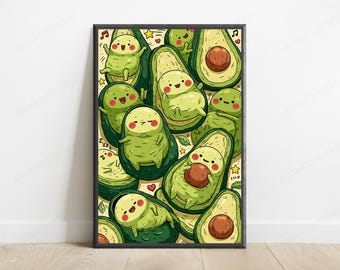 Cute Avocado Characters Party Wall Art | Kawaii Food Art Print | Minimalist Kitchen Decor | Digital Download A3 A2 A1