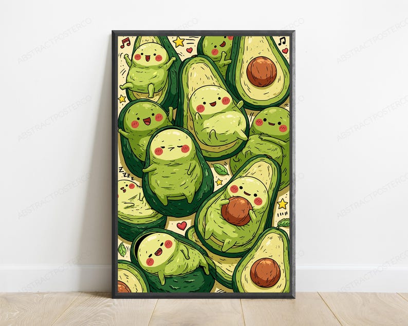 Puede incluir: Una l&aacute;mina de arte mural rectangular con un patr&oacute;n repetitivo de aguacates de dibujos animados con caras sonrientes. La ilustraci&oacute;n incluye aguacates enteros y partidos por la mitad en tonos verdes, acentuados por peque&ntilde;os corazones rojos, estrellas amarillas y notas musicales.
