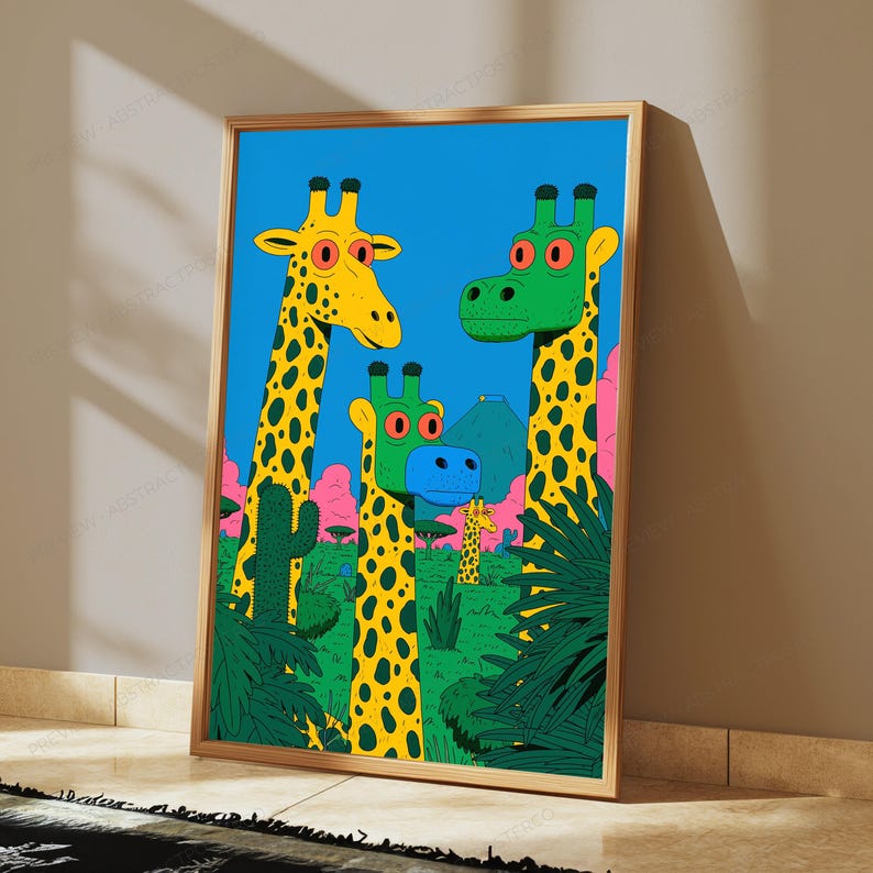 Puede incluir: Una impresi&oacute;n de arte mural enmarcada que presenta una ilustraci&oacute;n vibrante de cuatro jirafas en un paisaje estilizado. Las jirafas tienen cuerpos amarillos con manchas oscuras, y algunas tienen caras verdes o azules con grandes ojos naranjas.