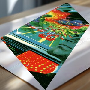 May include: A rectangular art print featuring a vibrant science fiction scene with red spaceships flying through a green and yellow nebula. A dark silhouette of a face is visible in the foreground, alongside a control panel with glowing red buttons.