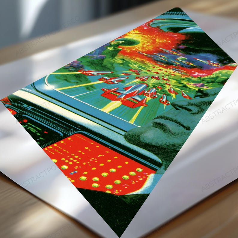May include: A rectangular art print featuring a vibrant science fiction scene with red spaceships flying through a green and yellow nebula. A dark silhouette of a face is visible in the foreground, alongside a control panel with glowing red buttons.
