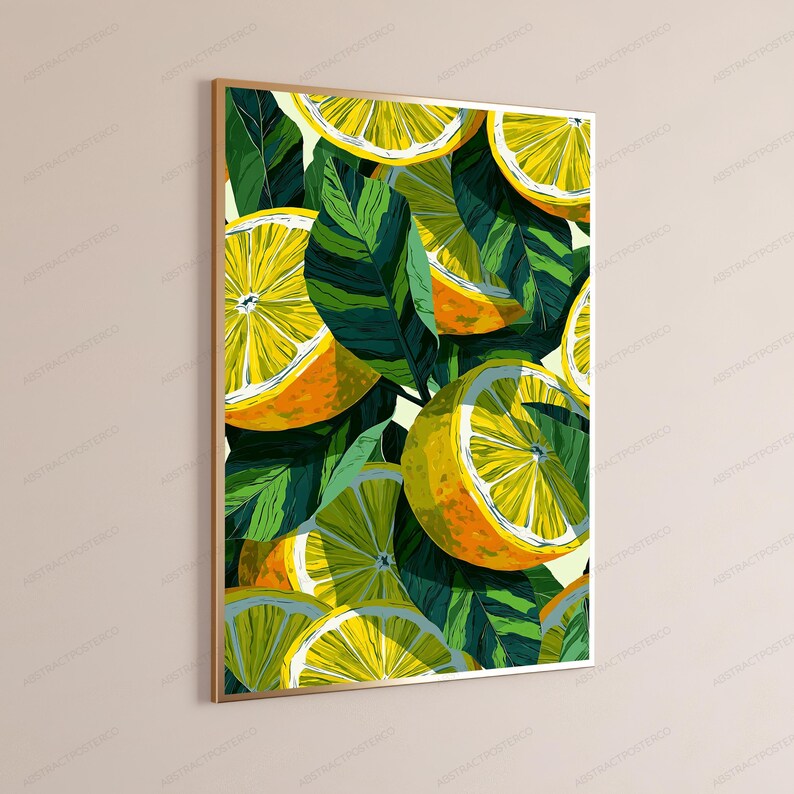May include: A rectangular wall art print featuring a vibrant pattern of sliced yellow lemons and deep green leaves. The composition displays multiple citrus segments with visible pulp textures and dark foliage, all enclosed within a thin gold frame.