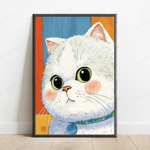 May include: A framed digital illustration of a white cat with large green eyes and pink cheeks. The cat wears a blue collar with a round tag. The background features vertical blocks of orange, blue, and yellow colors with a small red square stamp.