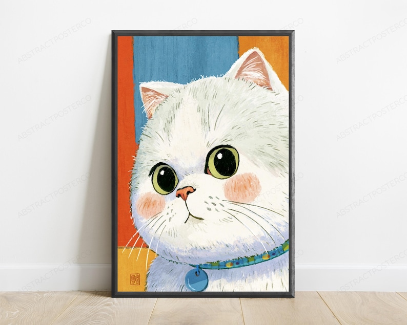 May include: A framed digital illustration of a white cat with large green eyes and pink cheeks. The cat wears a blue collar with a round tag. The background features vertical blocks of orange, blue, and yellow colors with a small red square stamp.