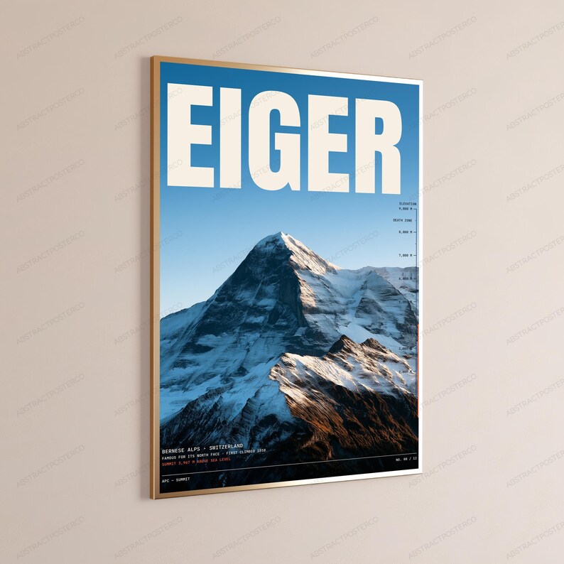 Höjdtryck av Eigerberget | Väggkonst med alpina toppar | Reseaffisch bild 3