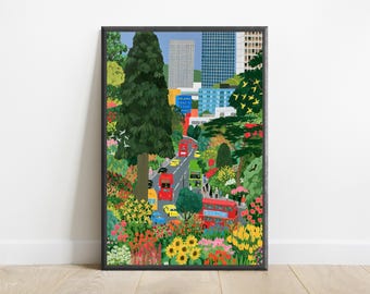 Urban Garden Street Scene Print | Colourful City Park Wall Art | Minimalist Landscape Decor | Digital Download A3 A2 A1