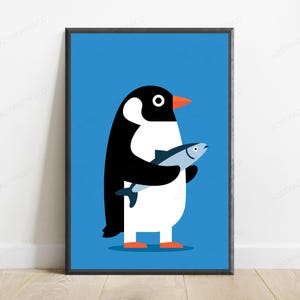 Penguin with Fish Pop Art Print | Minimalist Bird Wall Art | Fun Coastal Decor 画像 1