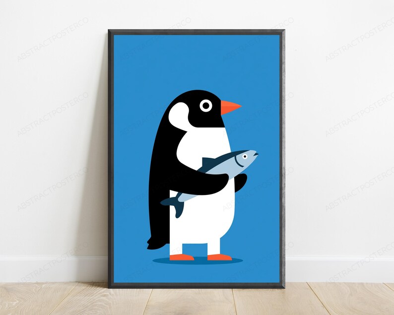 Penguin with Fish Pop Art Print | Minimalist Bird Wall Art | Fun Coastal Decor 画像 1