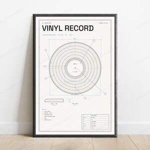Technische tekening van een vinylplaat | Retro muziekstudio muurdecoratie | Minimalistische designposter afbeelding 1