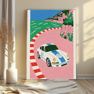 Vintage Racing Car Coastal Road Print | Minimalist Landscape Wall Art | Retro Travel Poster Style | Digital Download A3 A2 A1 image 4