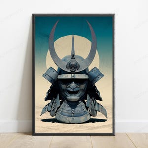 May include: A framed wall art print featuring a dark blue samurai helmet with a large crescent moon crest and a fierce facial mask. The helmet is centered against a background showing a large pale yellow sun and a textured desert landscape.