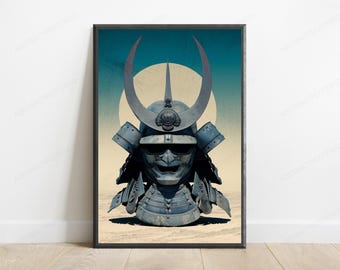 Impressão artística minimalista de capacete samurai kabuto | Arte de parede com armadura de guerreiro | Decoração de shogun japonês | Download digital A3 A2 A1