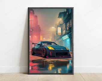 Neon Sports Car Rainy City Print | Black JDM Car Wall Art | Cyberpunk Aesthetic Decor | Digital Download A3 A2 A1