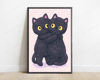 Cute Black Cat Twins Pop Art Print | Fluffy Kittens Wall Art | Minimalist Home Decor | Digital Download A3 A2 A1