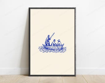 Drie roeiers roeien lijnkunstprint | Vintage nautische schets | Minimalistisch maritiem muurdecor | Digitale download A3 A2 A1