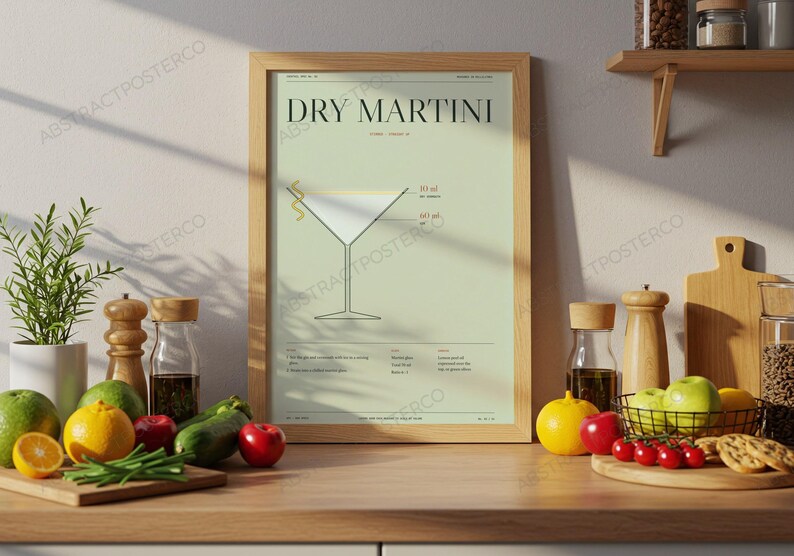 Dry Martini Cocktail Recipe Print in Sage shown in a kitchen