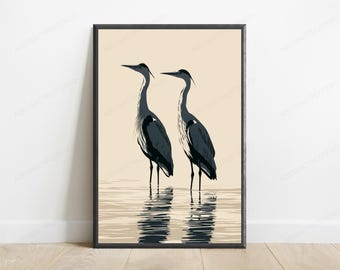 Two Herons Wading Minimalist Print | Coastal Bird Wall Art | Modern Nature Decor