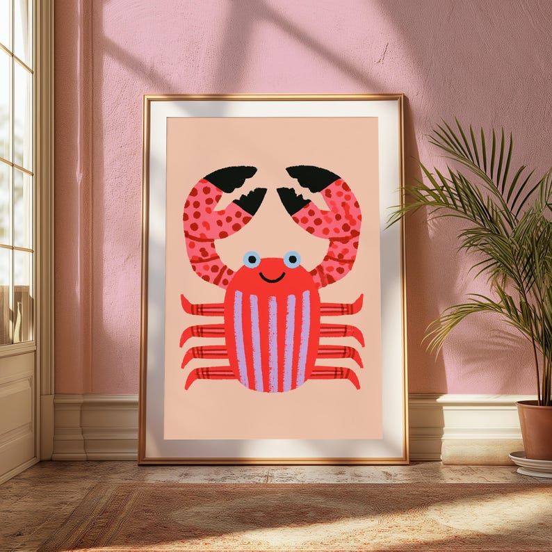 Happy Red Crab Pop Art Print | Cute Minimalist Sea Creature Wall Art | Coastal Home Decor | Digital Download A3 A2 A1 image 10