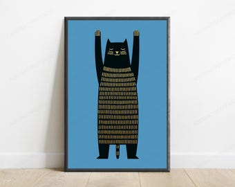 Zwarte kat met gouden strepen minimalistische print | Serene zittende kat muurkunst | Modern woondecoratie | Digitale download A3 A2 A1