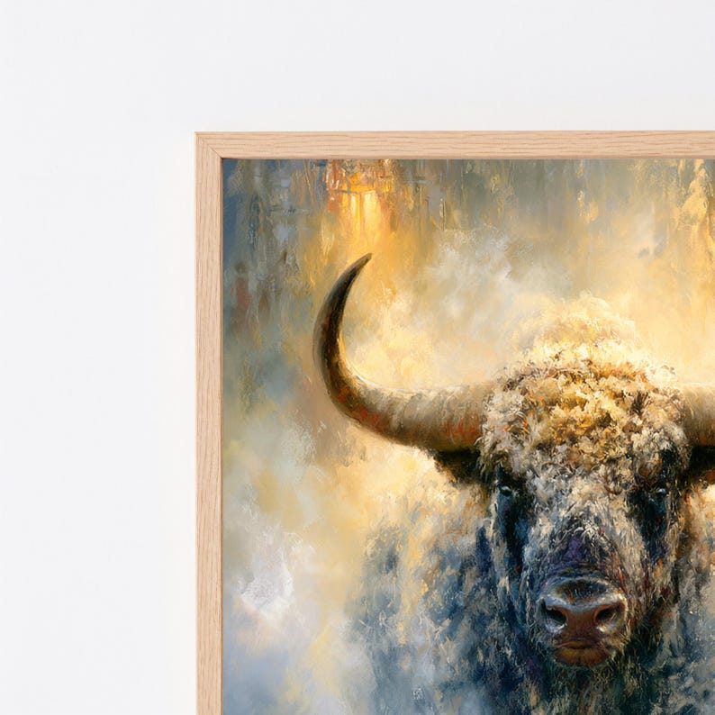 May include: A framed wall art print featuring an impressionistic oil painting of a bull with textured fur in shades of gray, brown, and white. The bull has a prominent curved horn and is set against a soft, glowing background of yellow and gold.