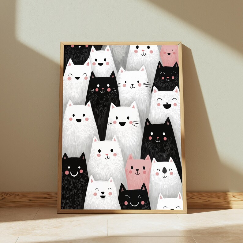 K&ouml;nnte beinhalten: Ein rechteckiger gerahmter Wandkunstdruck mit einem dichten, sich wiederholenden Muster aus stilisierten Cartoon-Katzen in Schwarz, Wei&szlig; und zartem Rosa. Die Katzen haben einfache Gesichtsz&uuml;ge, darunter runde Augen, kleine Nasen und l&auml;chelnde M&uuml;nder, angeordnet in einer vertikalen, &uuml;berlappenden Komposition.