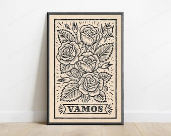 Vintage Rose Botanical Woodblock Print | Classic Flower Line Art | Minimalist Garden Wall Decor | Digital Download A3 A2 A1